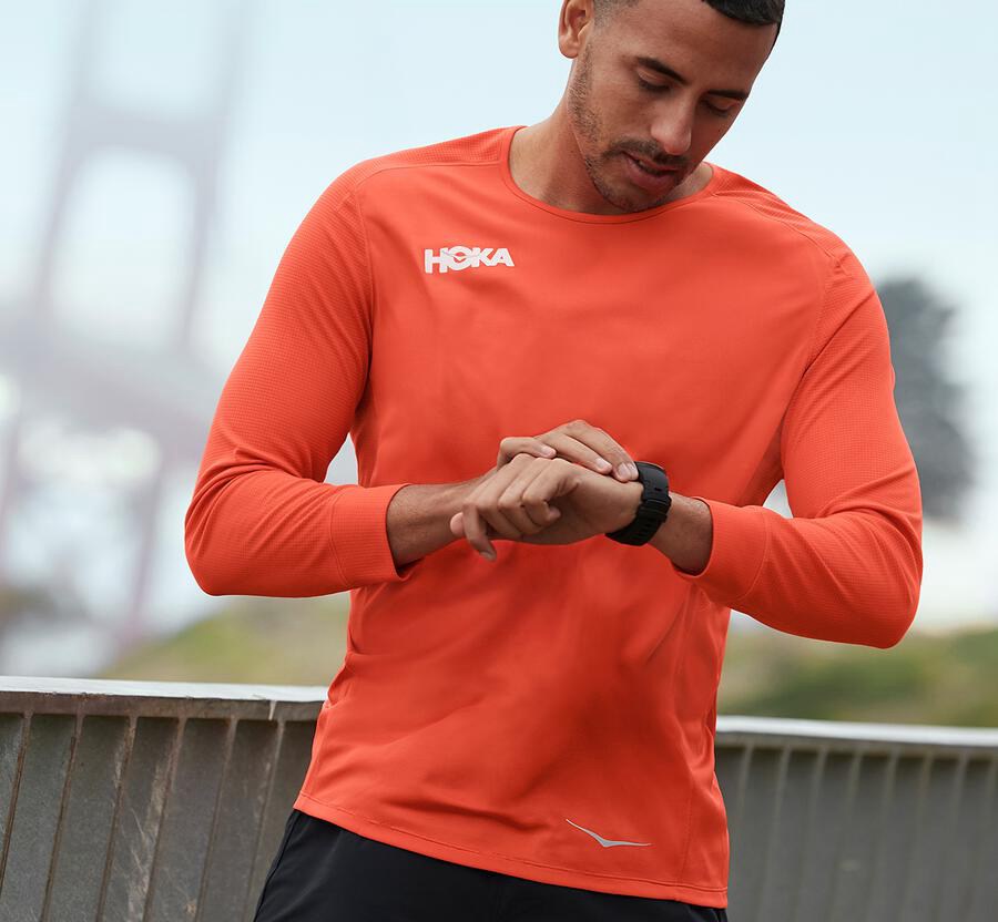 Hoka Australia One One Performance 3/4 Sleeve - Mens Tops Orange - BHOTY-1562